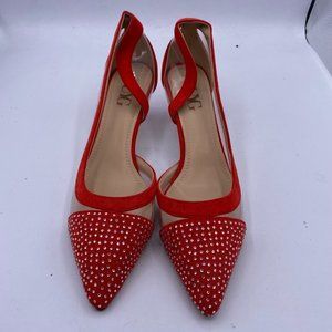 NUYG Pointed Toe Rhinestones Low Kitten Heel PVC Pumps